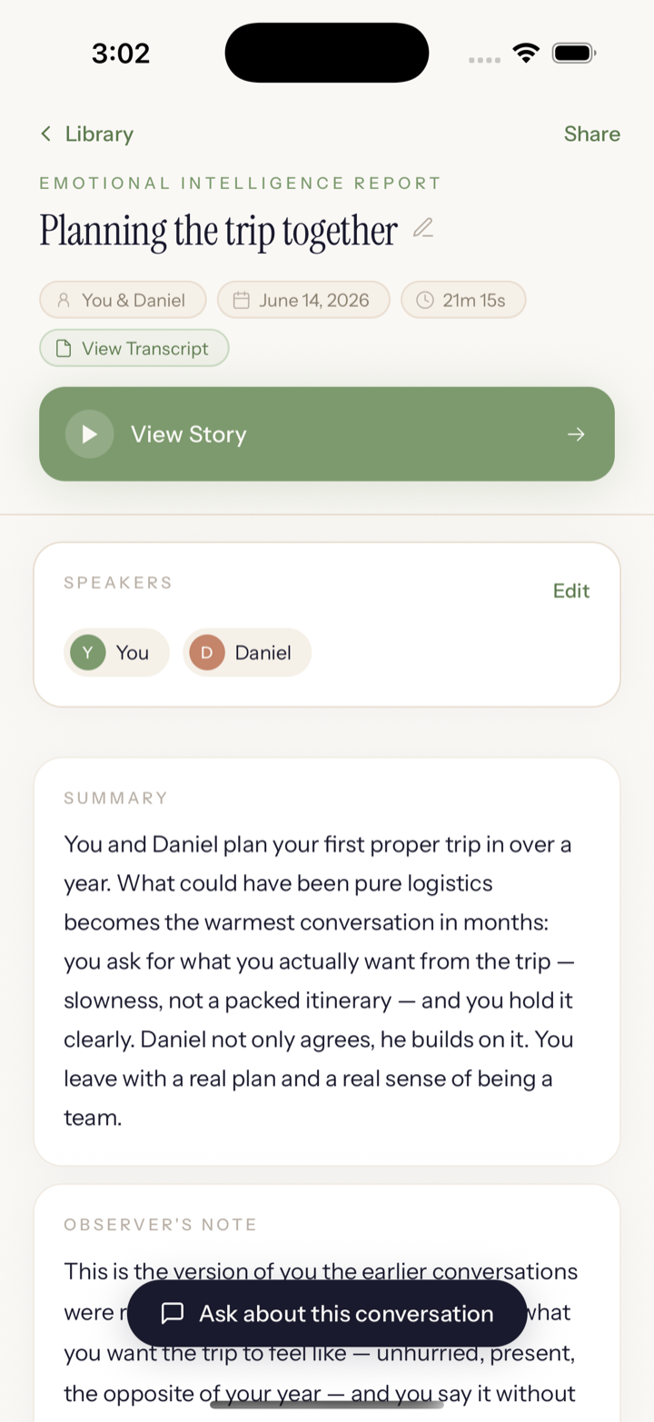 An Emotional Intelligence Report titled Planning the trip together, showing You and Daniel, a green View Story button, the speakers, and a warm summary paragraph with an observer's note.